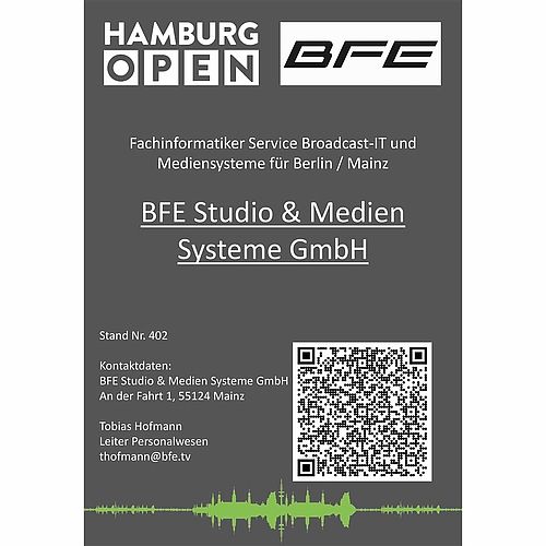 Job tile with QR Code from BFE Studio & Medien Systeme GmbH - IT Specialist Service Broadcast IT and Media Systems for Berlin / Mainz