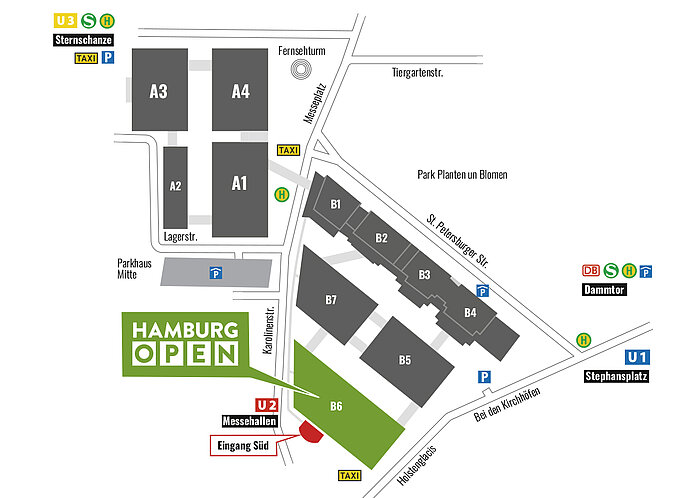 Geländeplan der HAMBURG OPEN. Das Fokus liegt auf der Halle B6 im Süden des Messegeländes.