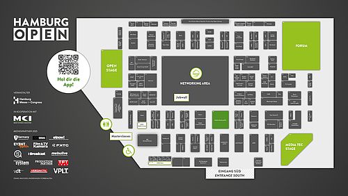 Hallenplan der HAMBURG OPEN 2025. Links vom Plan stehen die Kooperations- und Medienpartner. Außerdem ein QR-Code, um sich die App herunterzuladen.