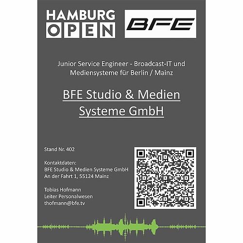 Jobkachel mit QR Code von BFE Studio & Medien Systeme GmbH - Junior Service Engineer Broadcast IT und Mediensysteme für Berlin / Mainz